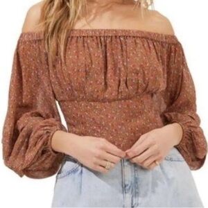 ASTR the label Rust Brown multi ditsy Floral Off shoulder Chiffon Crop Top S